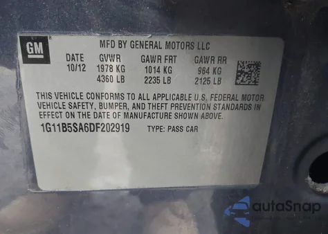 2013 Chevrolet Malibu 1Ls from USA, damaged, VIN 1G11B5SA6DF202919